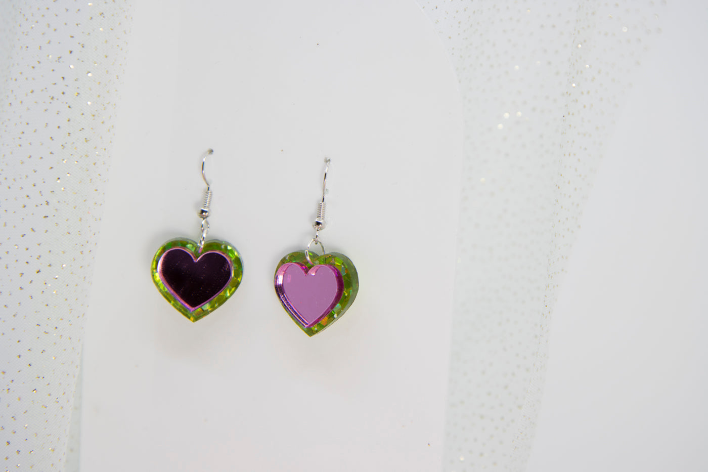 HEART DROPS Ohrringe – in Glitzer Limette und Pink