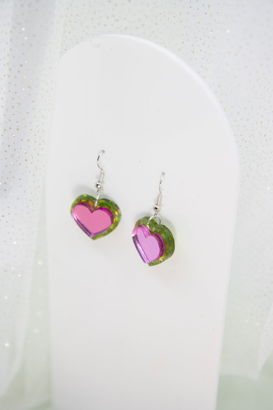 HEART DROPS Ohrringe – in Glitzer Limette und Pink