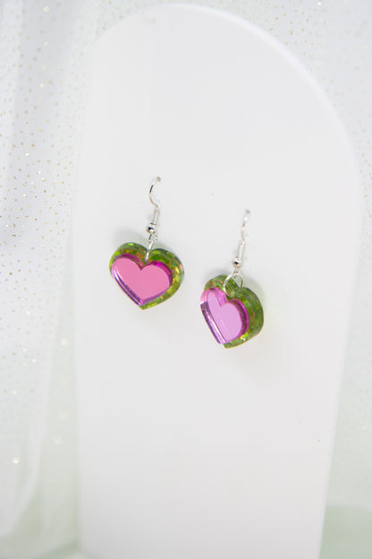 HEART DROPS Ohrringe – in Glitzer Limette und Pink