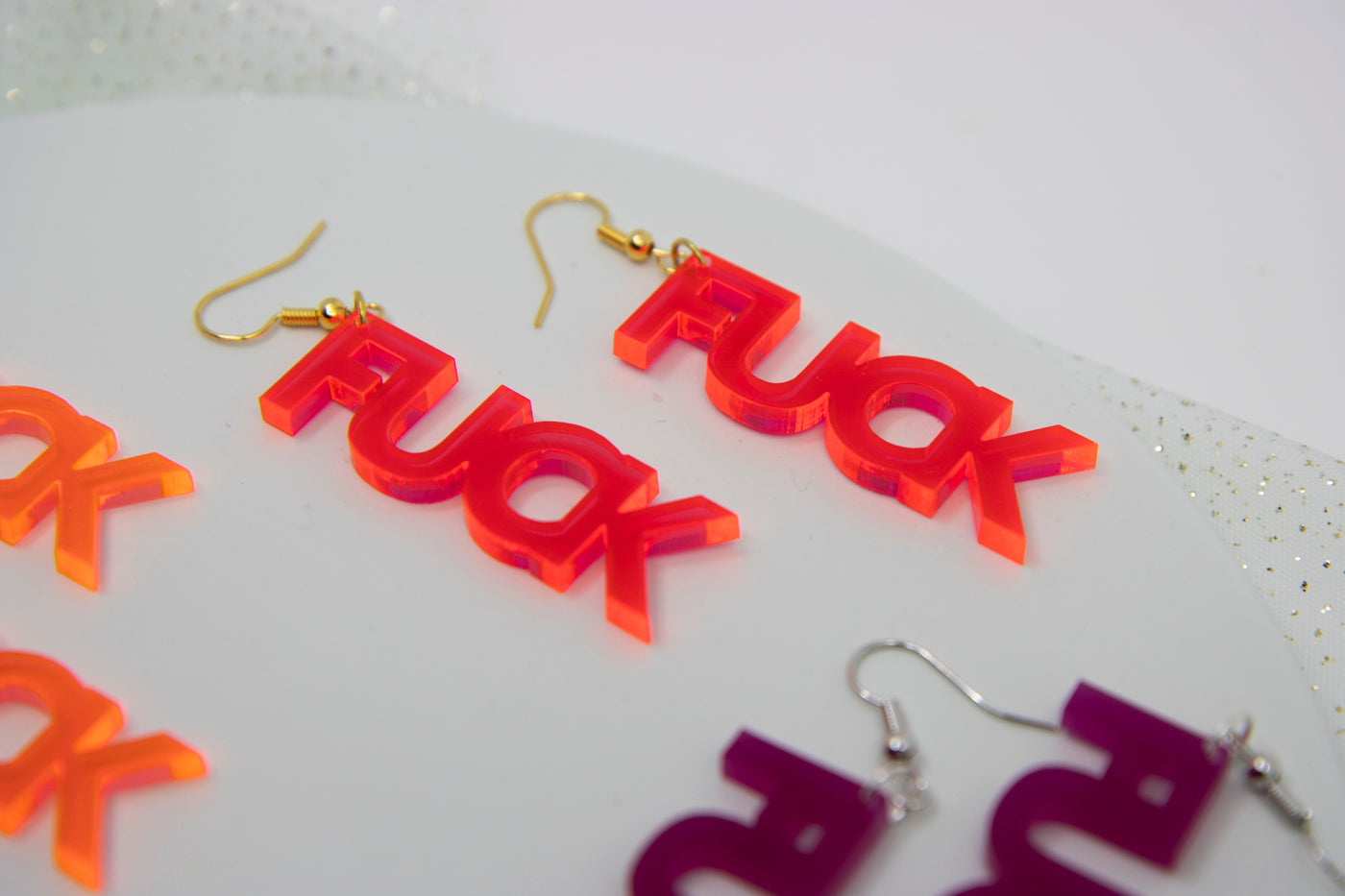 Worddrops FUCK  – Statement text Ohrringe aus Acrylglas