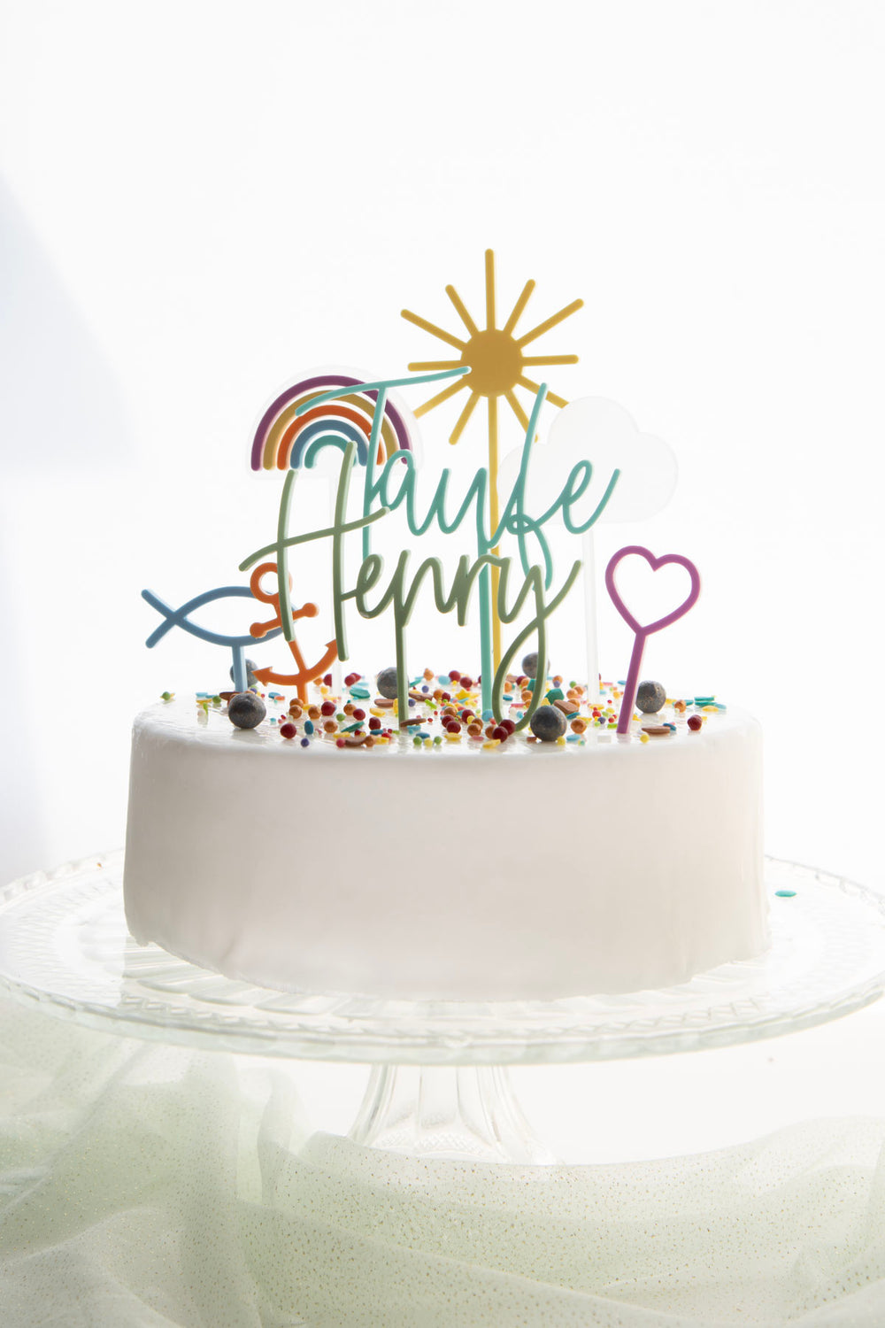 Cake Topper Set zur Taufe mit Namen und kleinen symbolen