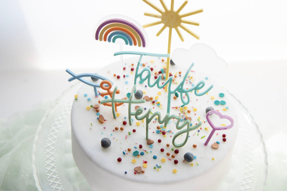 Cake Topper Set zur Taufe mit Namen und kleinen symbolen