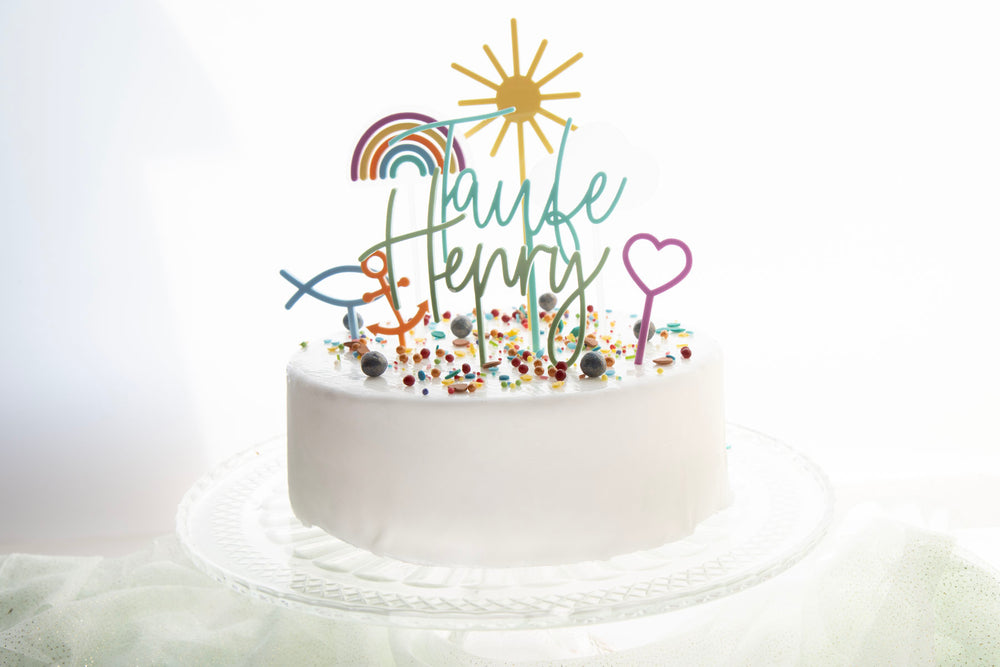 Cake Topper Set zur Taufe mit Namen und kleinen symbolen