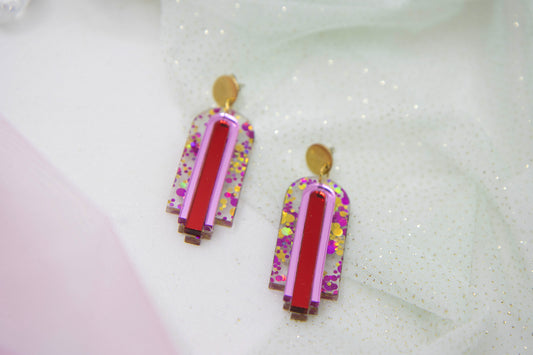 Geometrische statement Ohrstecker in Fruchtigen Farben "GINA" – Glitter Pink